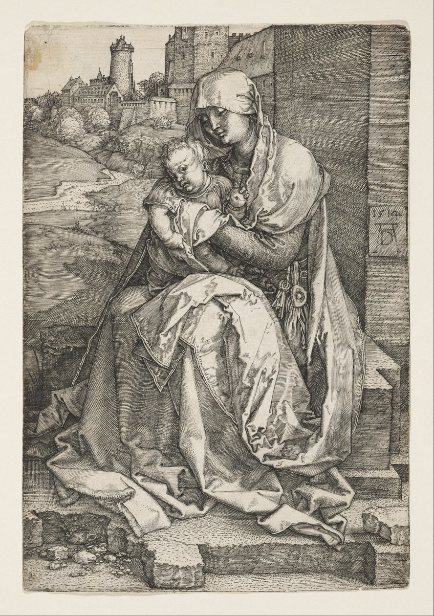 Die Jungfrau sitzt an einer Mauer von Albrecht Dürer