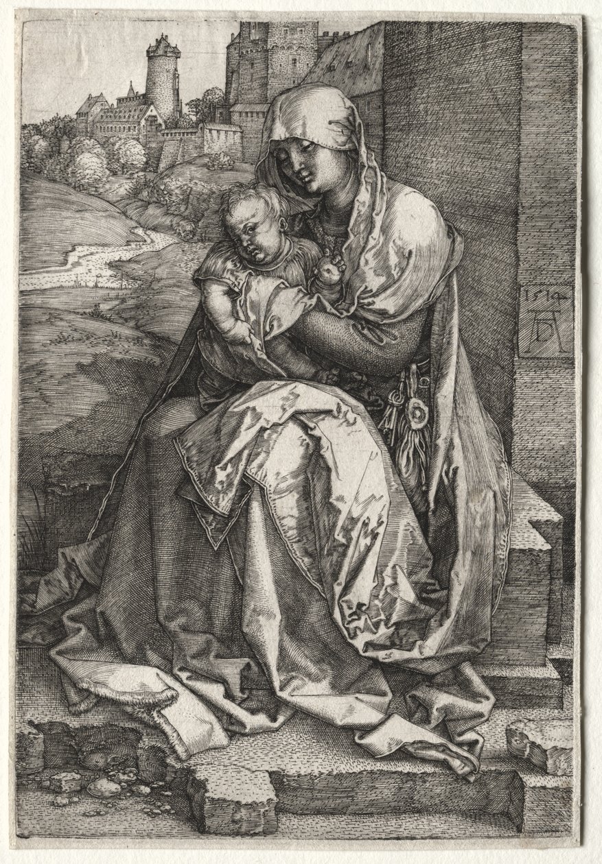 Die Jungfrau und das Kind sitzen an der Mauer von Albrecht Dürer