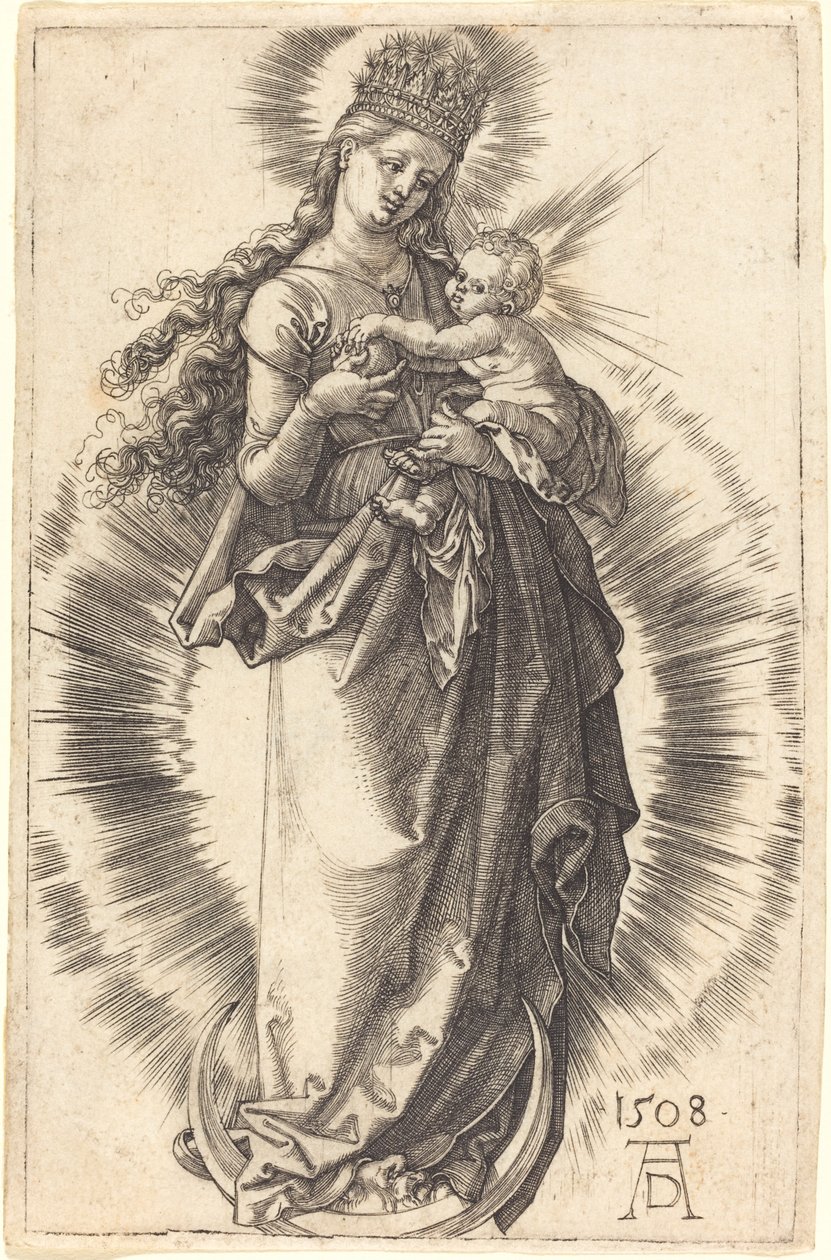 Die Jungfrau und das Kind auf einer Mondsichel mit einer Sternenkrone von Albrecht Dürer