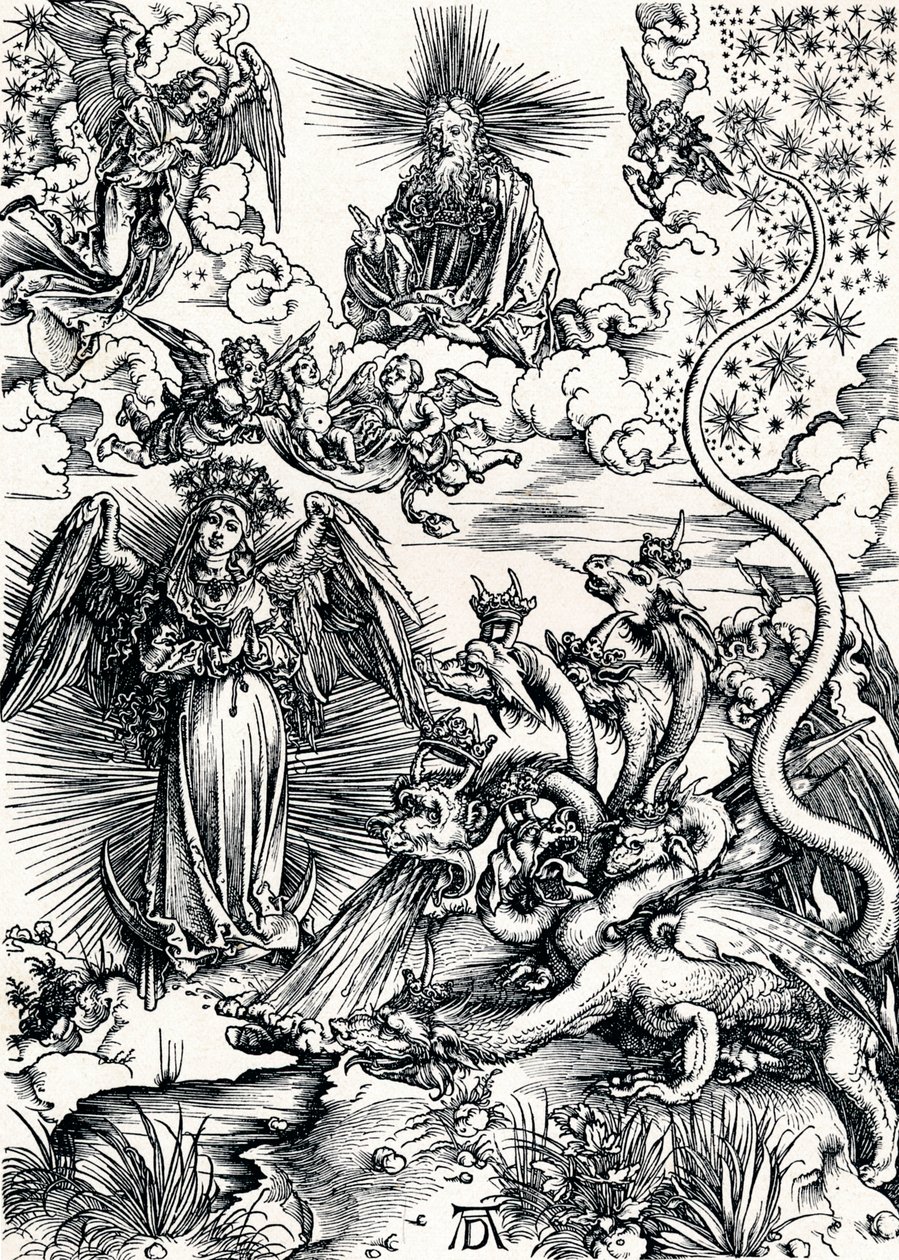 Die Frau, mit der Sonne bekleidet, und der siebenköpfige Drache, 1498 von Albrecht Dürer
