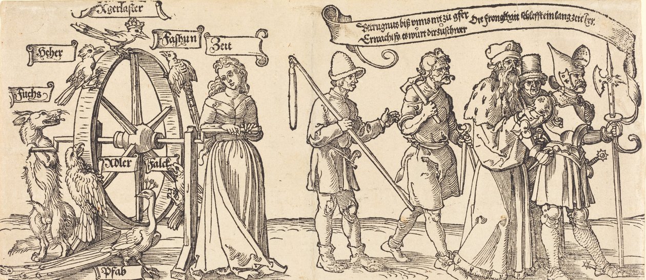 Zeit und ein Fuchs drehen das Rad des Schicksals mit Menschen aller Ränge, wahrscheinlich 1526 von Albrecht Dürer