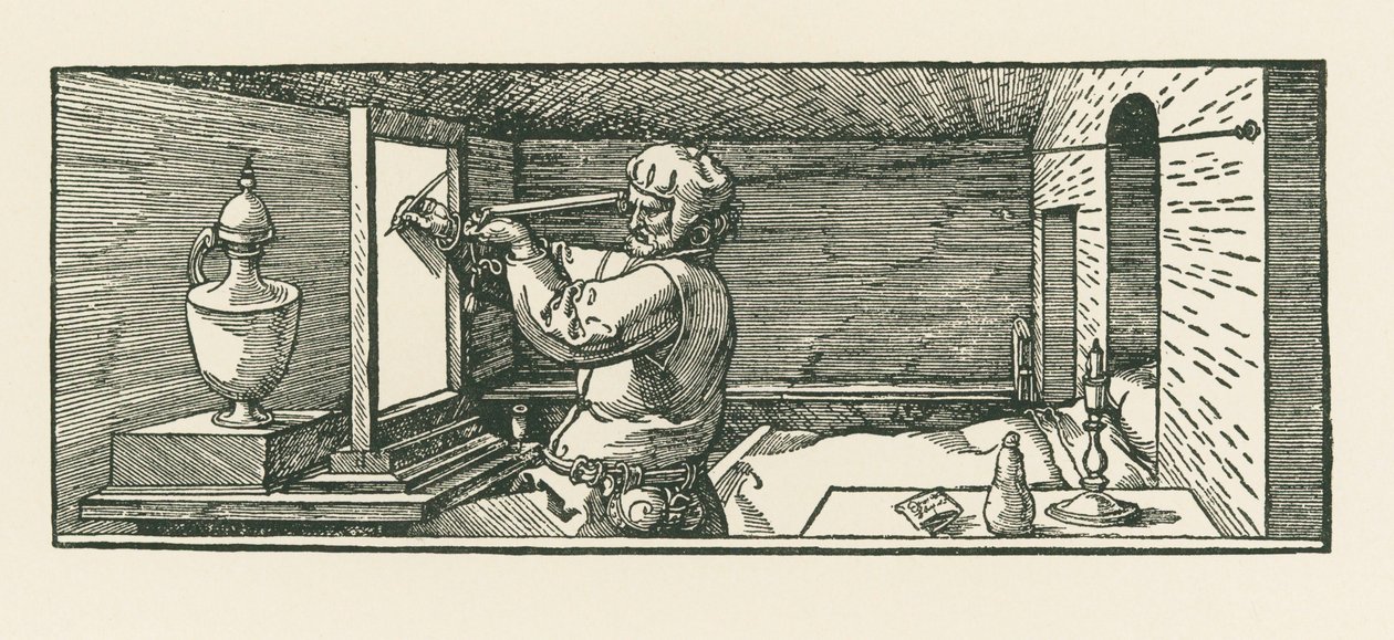 Ein Mann zeichnet eine Dose von Albrecht Dürer or Duerer