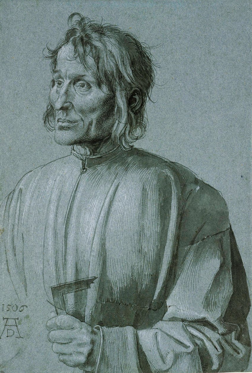 Porträt eines Architekten (Hieronymus von Augsburg) - Zeichnung von Albrecht Dürer (1471-1528), Feder, Pinsel, schwarze Tinte und weiße Farbe auf dunkelblauem Papier 1506 (39,1x26,6 cm) - Staatliche Museen, Berlin von Albrecht Dürer