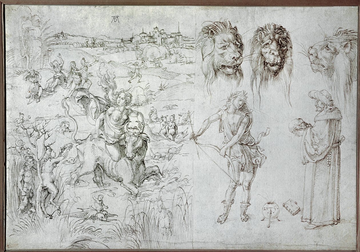Raub der Europa, Löwenköpfe, Bogenschütze, Weiser, Schädel von Albrecht Dürer or Duerer