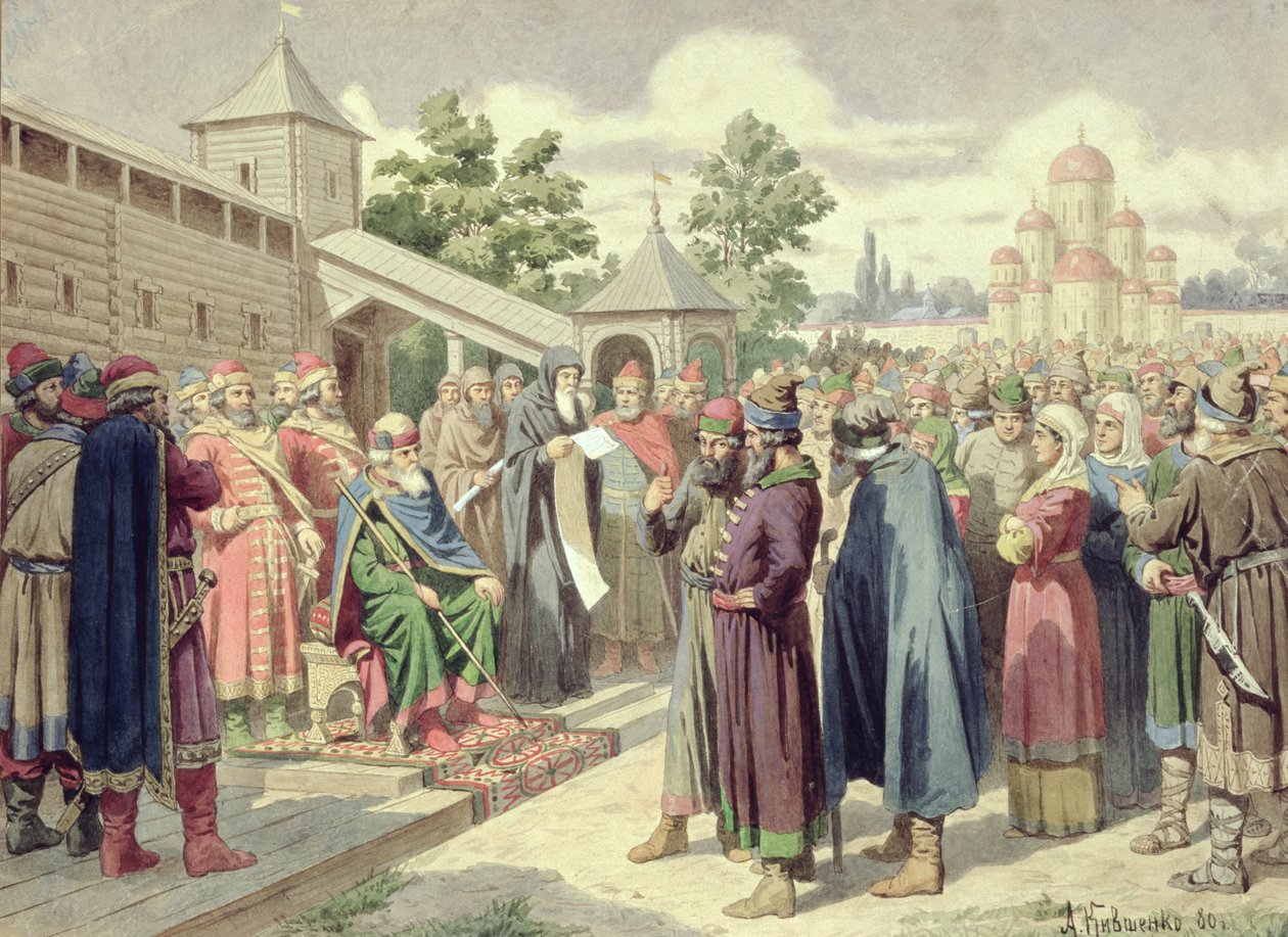 Lesung des Kodex in Anwesenheit von Großfürst Jaroslav von Nowgorod, 1880 von Aleksei Danilovich Kivshenko