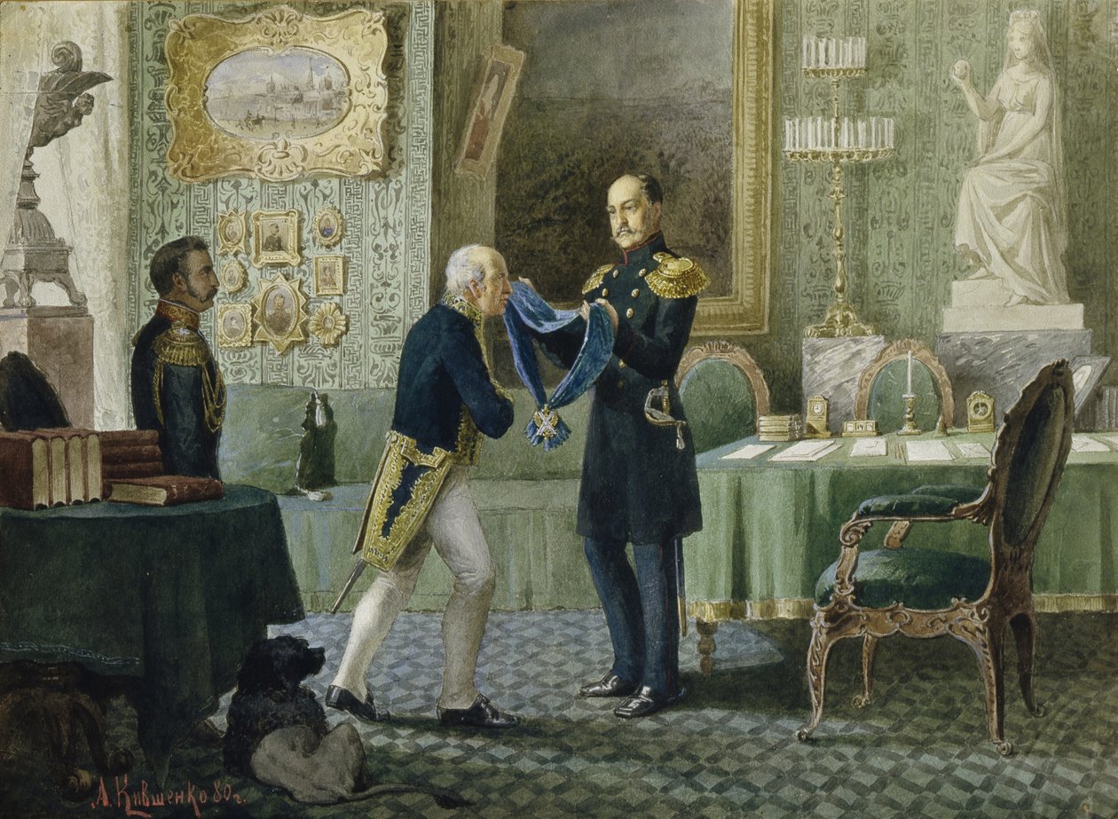 Kaiser Nikolaus I. verleiht das blaue Band des Ordens des Heiligen Andreas an Graf Michail Speransky von Aleksei Danilovich Kivshenko