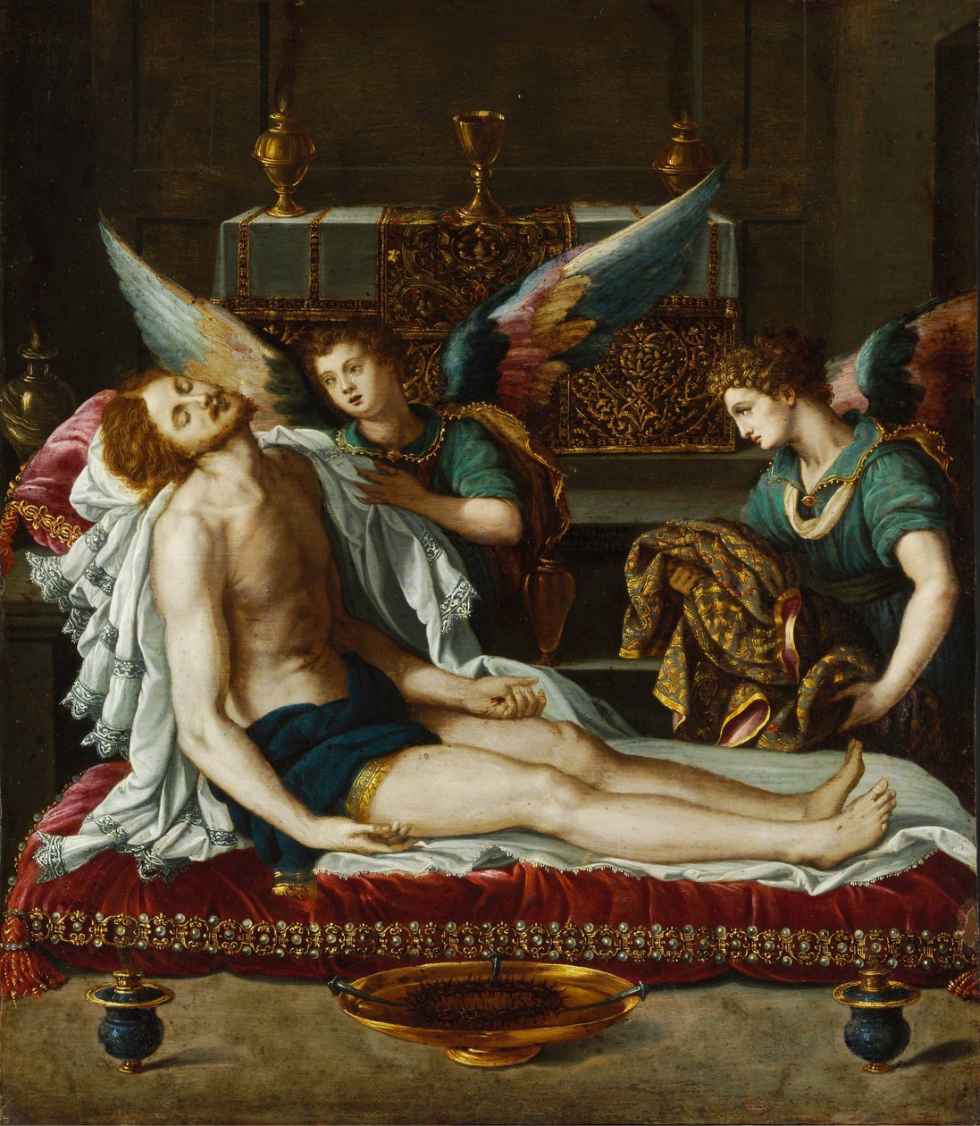 Der Leichnam Christi von zwei Engeln gesalbt von Alessandro Allori