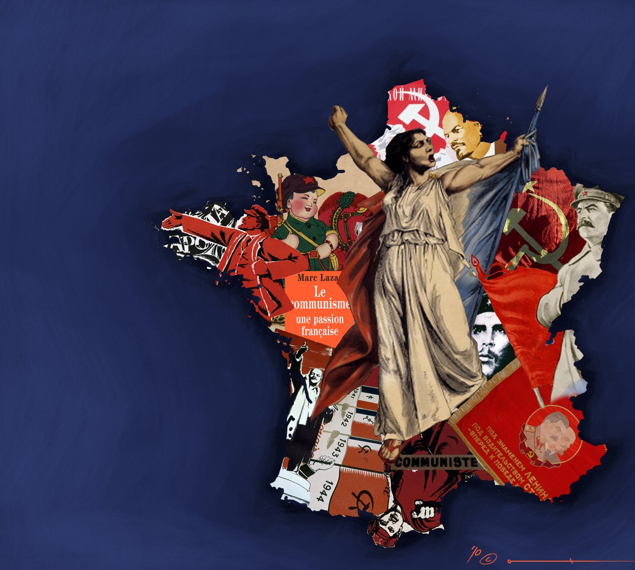 Eine Mariana vor einem Hintergrund aus kommunistischem Collage. Allegorie des Kommunismus in Frankreich. 2010 Farbdarstellung von Alessandro Lonati von Alessandro Lonati