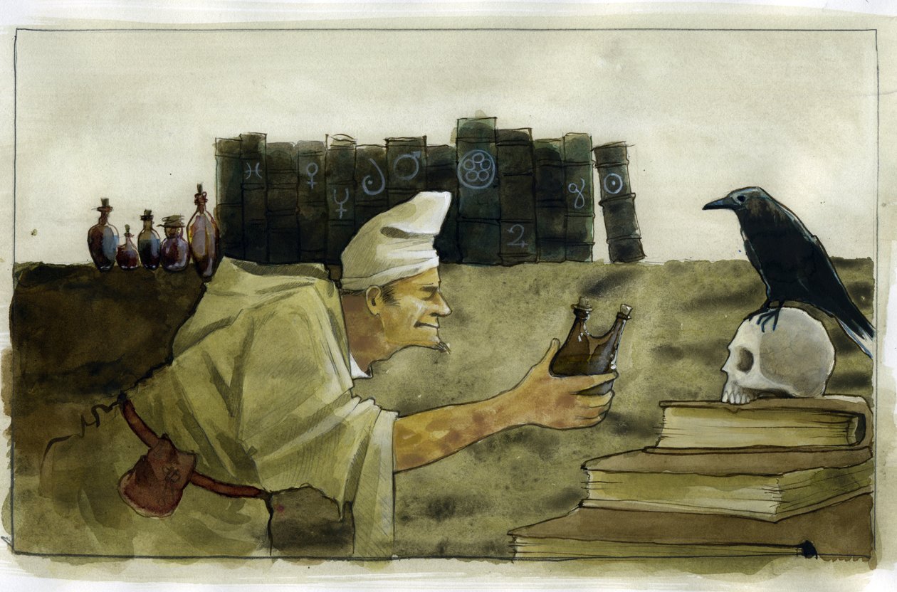 Alchemist in seinem Labor mit einem Raben, einem Schädel. von Alessandro Lonati