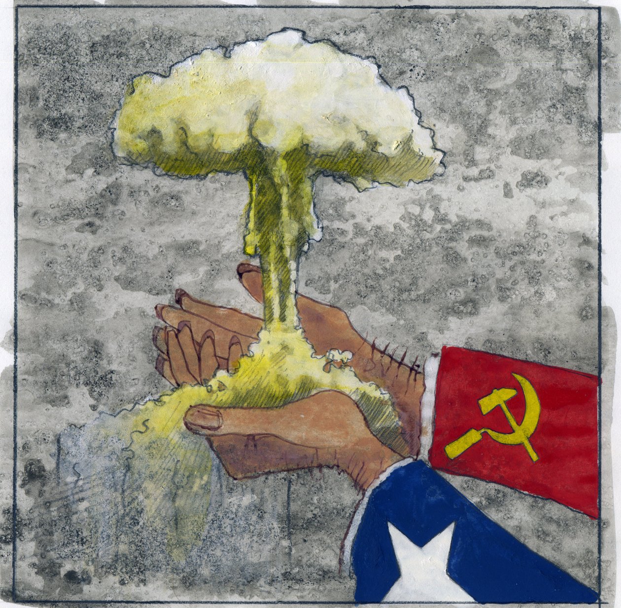 Allegorische Darstellung des Kalten Krieges als amerikanische und sowjetische Hände, die die Atompilzwolke halten - Illustration von Alessandro Lonati von Alessandro Lonati