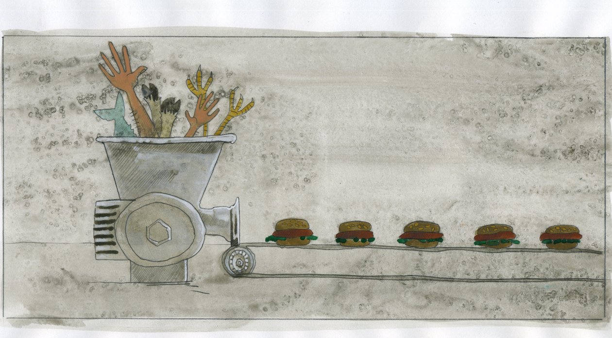 Konsumgesellschaft: Produktion von Junk Food, Hamburger aus menschlichen und tierischen Überresten - Illustration von Alessandro Lonati von Alessandro Lonati