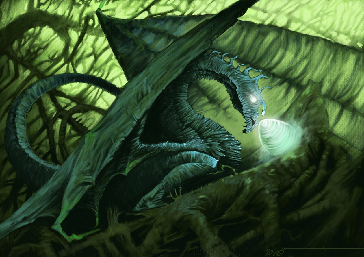 Fantastisches Wesen: ein Drache schützt sein Ei. Illustration von Alesandro Lonati. 2010 von Alessandro Lonati