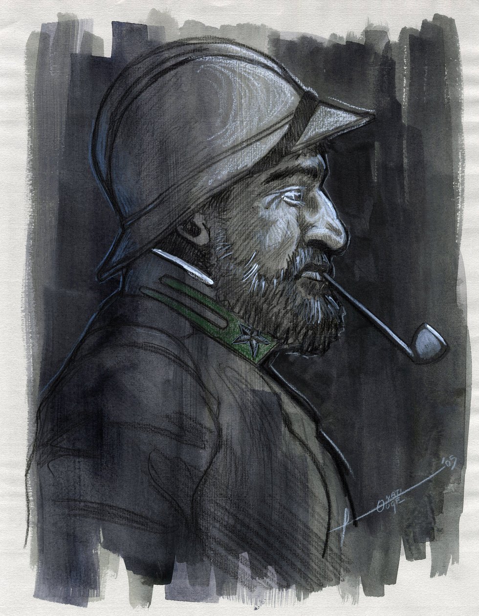 Erster Weltkrieg 1914-1918: Profilporträt eines Soldaten der italienischen Armee, der 1915 Pfeife raucht. Zeichnung von Alessandro Lonati von Alessandro Lonati