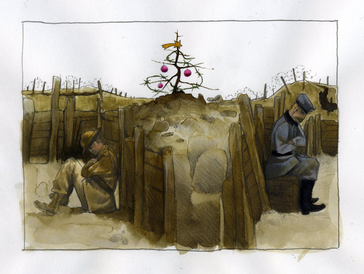 Erster Weltkrieg: die Einsamkeit zweier feindlicher Soldaten, britisch (links) und deutsch im Schützengraben, zur Weihnachtszeit 1914-1918. Illustration von Alessandro Lonati von Alessandro Lonati