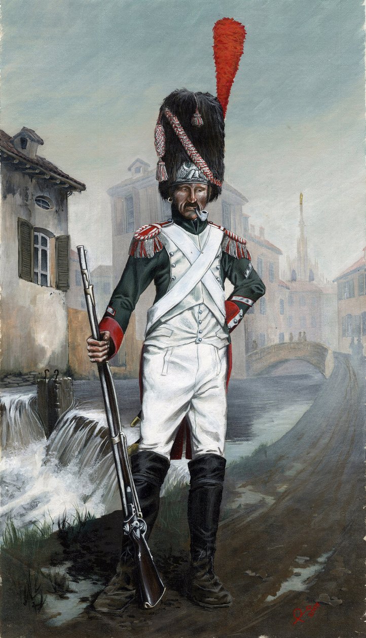 Erstes Kaiserreich (1804-1814 und 1815): Italienische Grenadiersoldaten in der Nähe des Kanals von Mailand mit der Kathedrale im Hintergrund von Alessandro Lonati