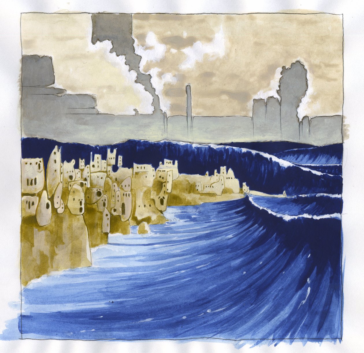 Illustration des Mythos der unter dem Meer verschwundenen Insel Atlantis: Ansicht des unruhigen Meeres nach dem Vulkanausbruch, der die legendäre Insel überflutet von Alessandro Lonati
