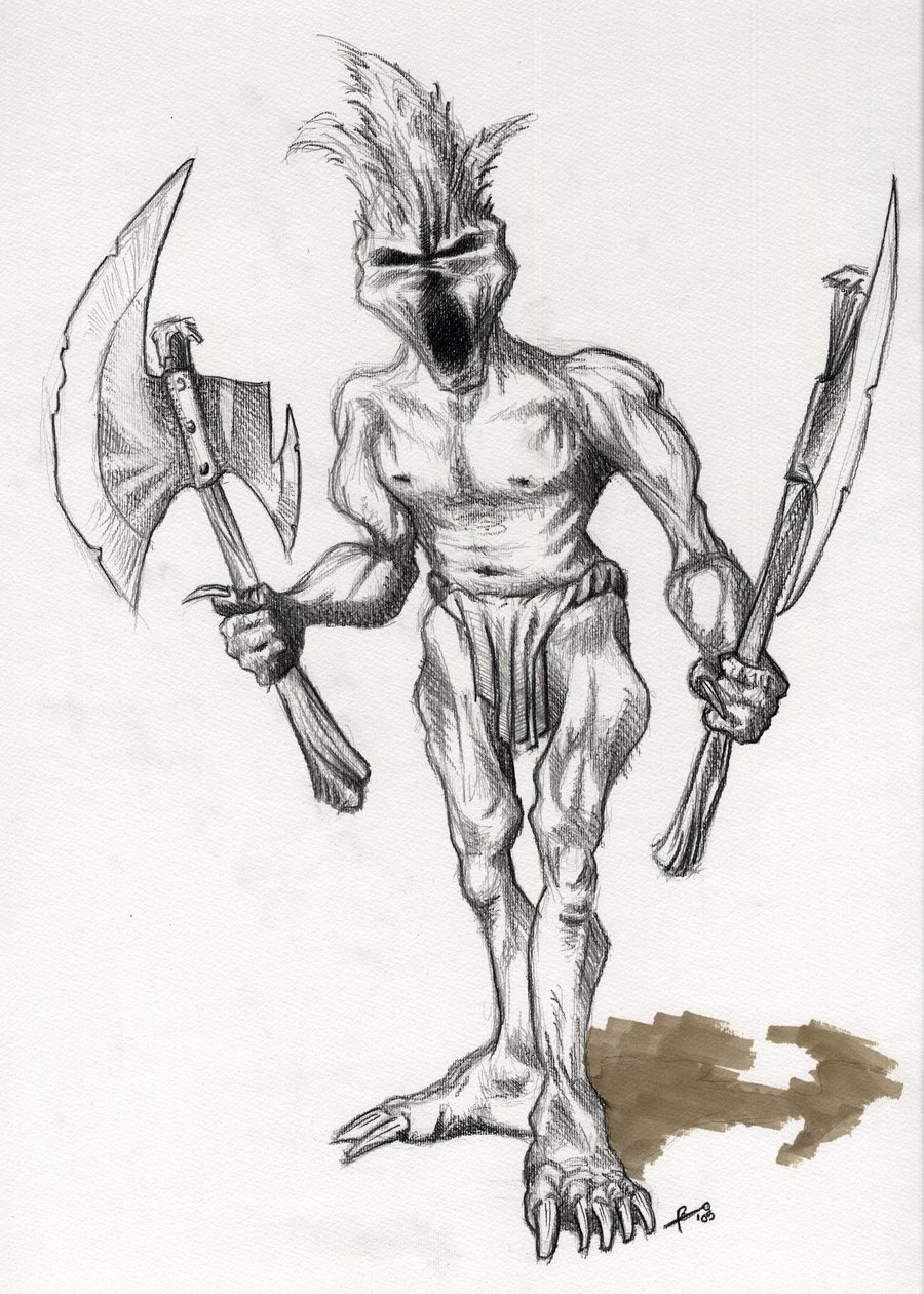 Legendäres Monster für Fantasy-Illustration: Trollkrieger mit Äxten. Zeichnung von Alessandro Lonati von Alessandro Lonati