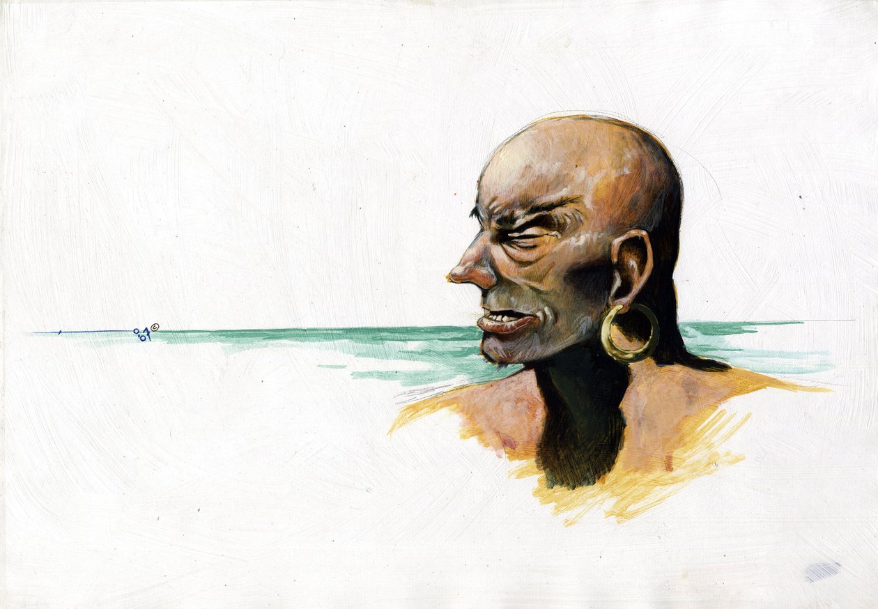 Porträt eines Piraten (Freibeuter) oder Seemanns mit Meer im Hintergrund. von Alessandro Lonati