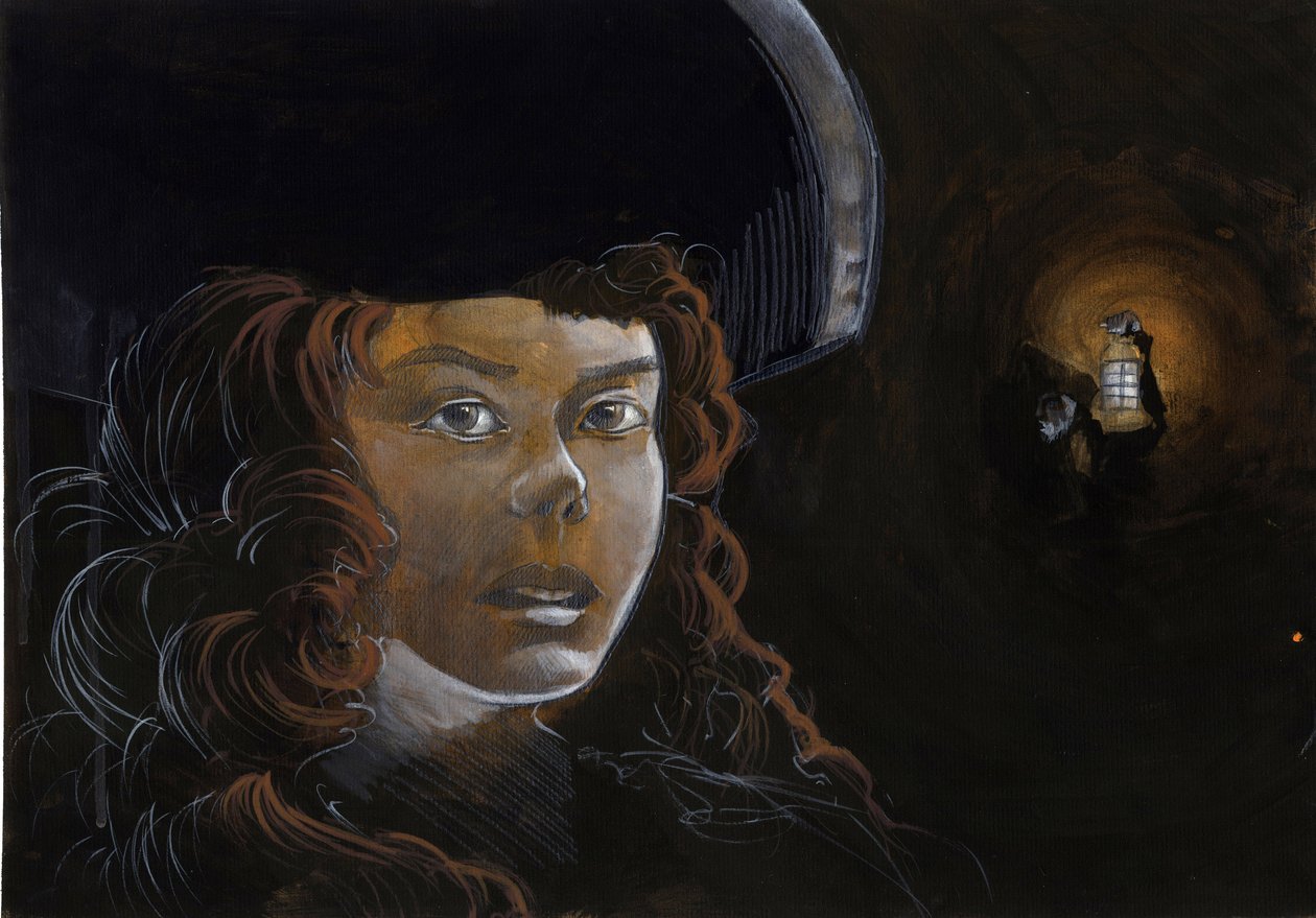 Porträt einer Piratenfrau (Freibeuterin) oder Matrosin in der Nacht, beleuchtet von der Laterne eines anderen Piraten von Alessandro Lonati