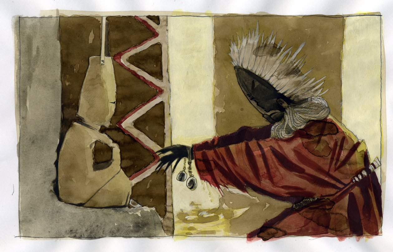 Schamanismus: spirituelle Zeremonie, die sich auf die Vermittlung zwischen Menschen und den Geistern der Natur konzentriert - Schamane Illustration von Alessandro Lonati von Alessandro Lonati
