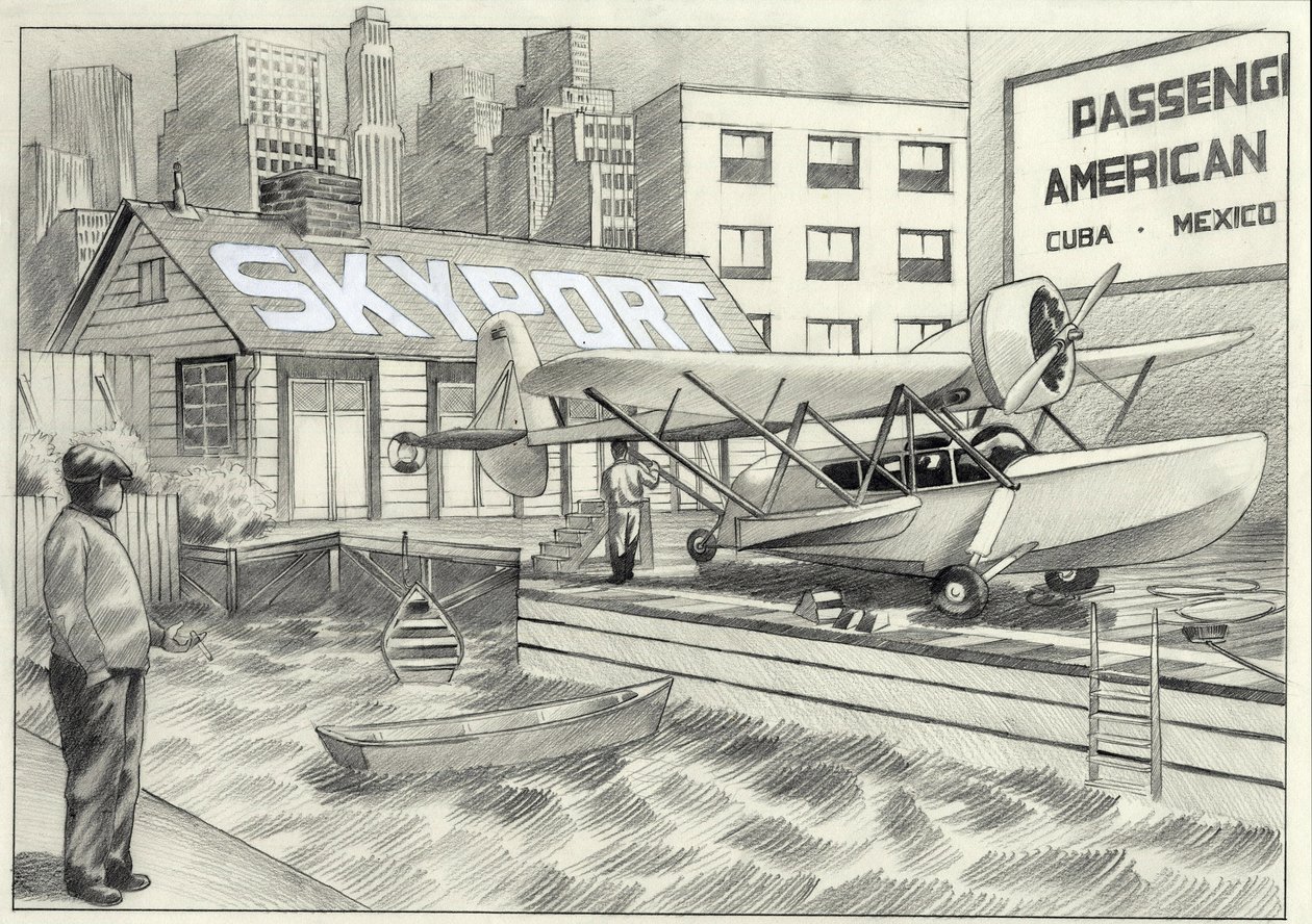 USA, New York: Blick auf den Seehafen mit einem Wasserflugzeug in den 1950er Jahren von Alessandro Lonati