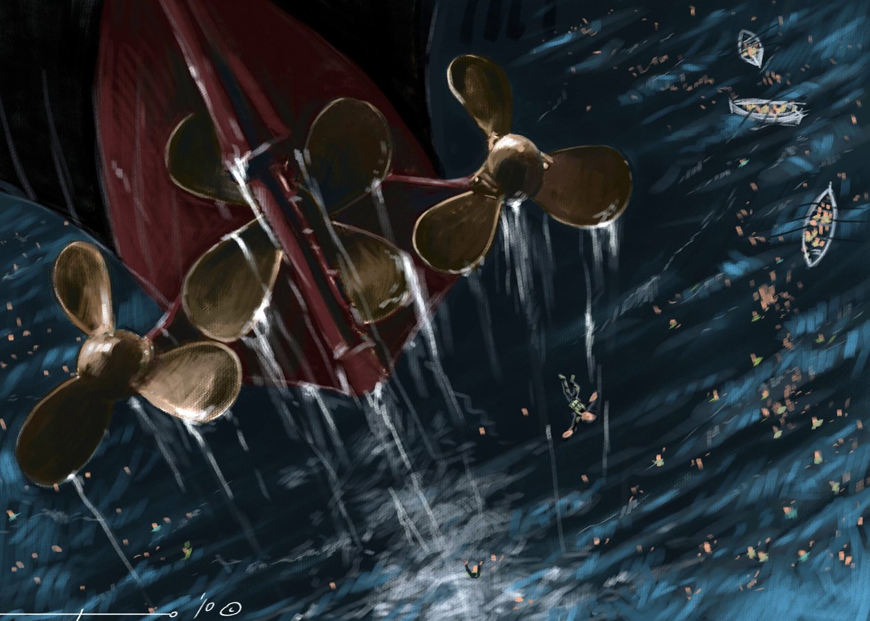 Ansicht der Schrauben des transatlantischen Liners Titanic zum Zeitpunkt des Untergangs am 14. und 15. April 1912. Illustration von Alesandro Lonati. 2010 von Alessandro Lonati