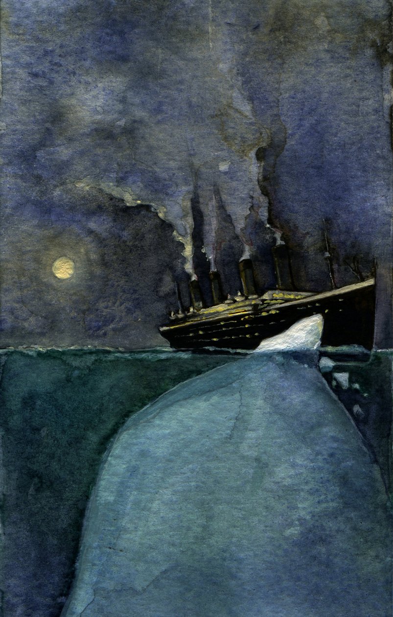 Ansicht des transatlantischen Liners Titanic zum Zeitpunkt des Untergangs am 14. und 15. April 1912, verursacht durch die Kollision mit einem Eisberg - Illustration von Alessandro Lonati, 2011 von Alessandro Lonati