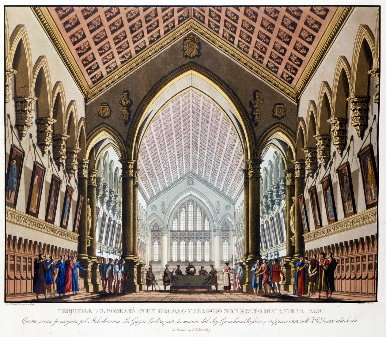Szenografie von Sanquirico für die Oper „La gazza ladra“ von Gioacchino Rossini, aufgeführt im Teatro alla Scala in Mailand im Jahr 1817: das Tribunal du Podestat in der Nähe von Paris. von Alessandro Sanquirico