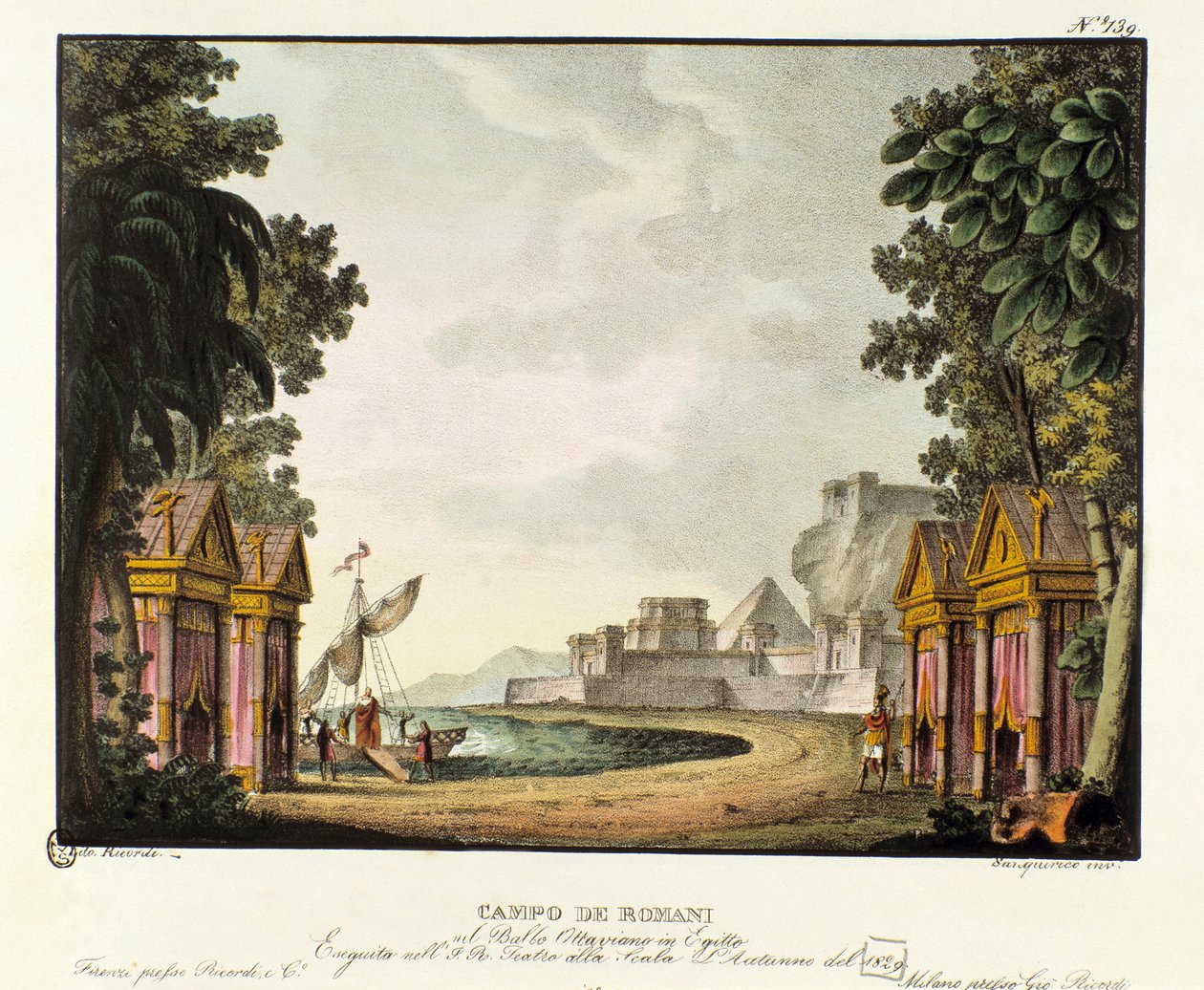 Ansicht des römischen Lagers. Szenografie für das Ballett „Ottaviano in Egitto“ von Giovanni Galzerani (1828). Lithografie in „Raccolta di invenzioni sceniche del 1830 di Alessandro Sanquirico“ von Alessandro Sanquirico