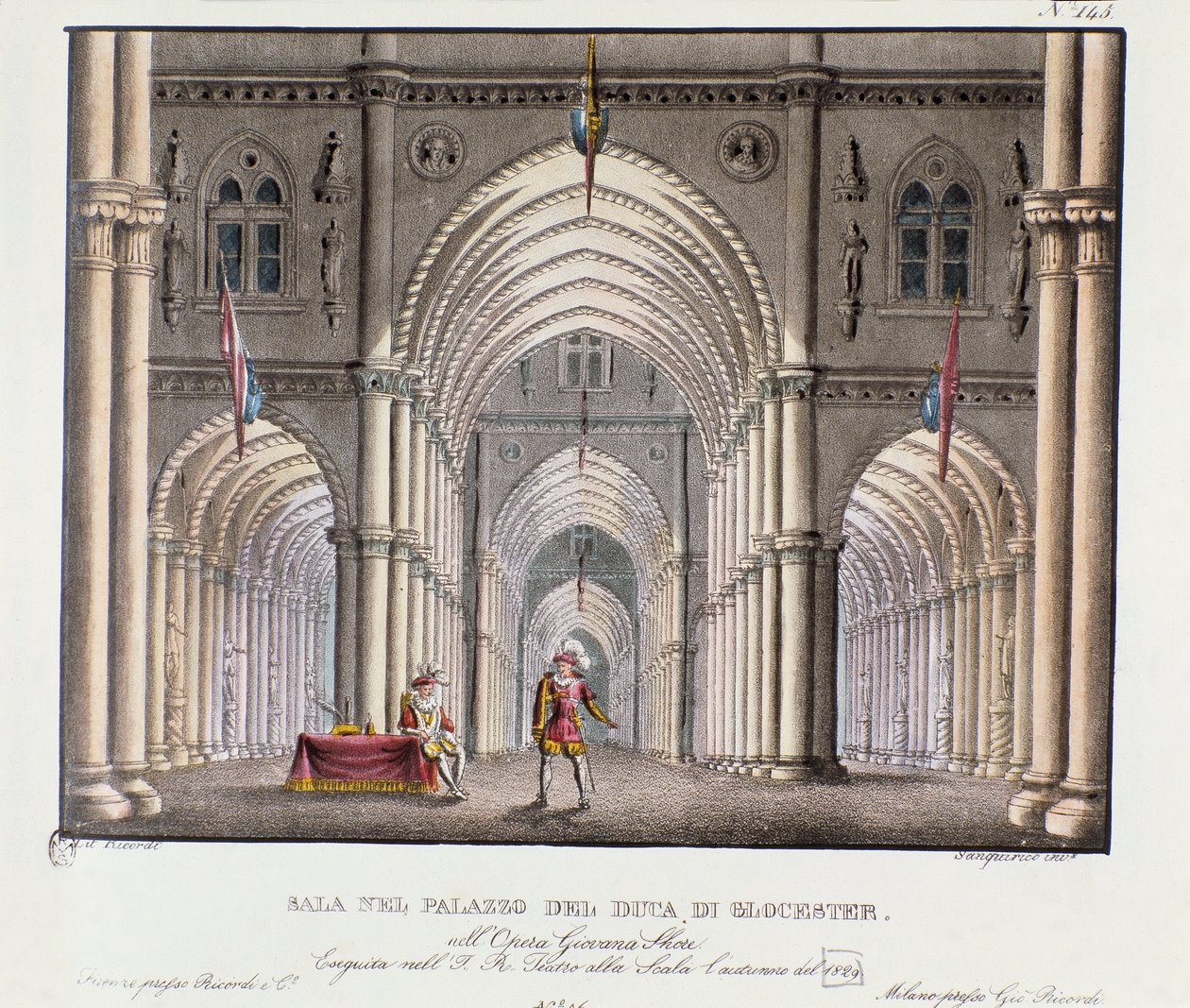 Ansicht des Palastsaals des Herzogs von Gloucester Bühnenbild für die Aufführung der Oper „Giovanna Shore“ (Jeanne Shore) von Carlo Ponti (1829) von Alessandro Sanquirico