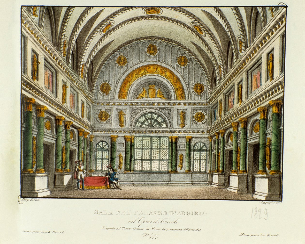 Ansicht des Palastes des Königs von Syrakus, Argirio. Szenografie für die Aufführung der Oper „Tancredi“ von Gioacchino Rossini (1813) nach Voltaires Stück „Tancrede“. Lithografie in „Raccolta di invenzioni sceniche del 1830 di Alessandro Sanquirico“ von Alessandro Sanquirico