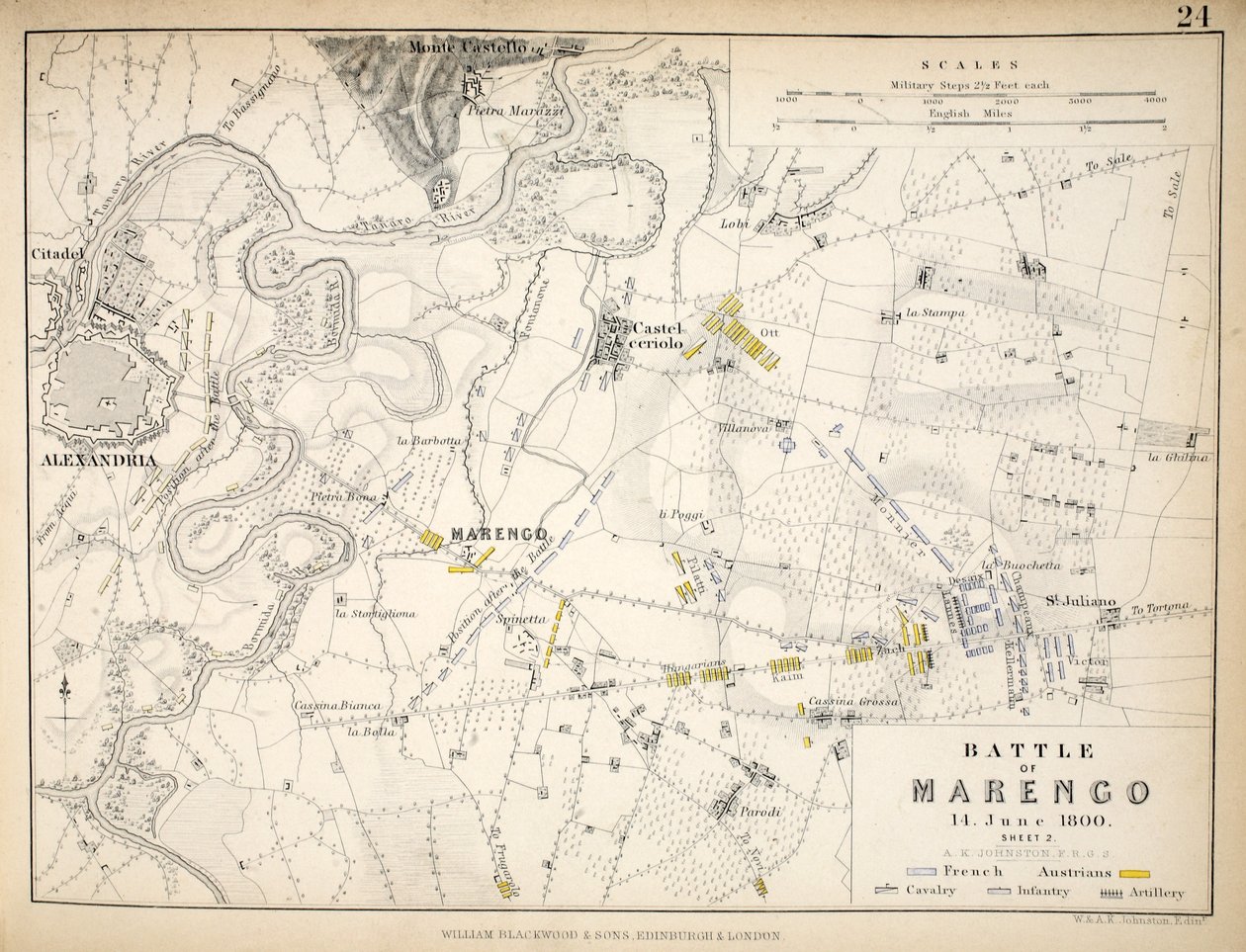 Karte der Schlacht von Marengo, veröffentlicht von William Blackwood and Sons, Edinburgh und London, 1848 von Alexander Keith Johnston