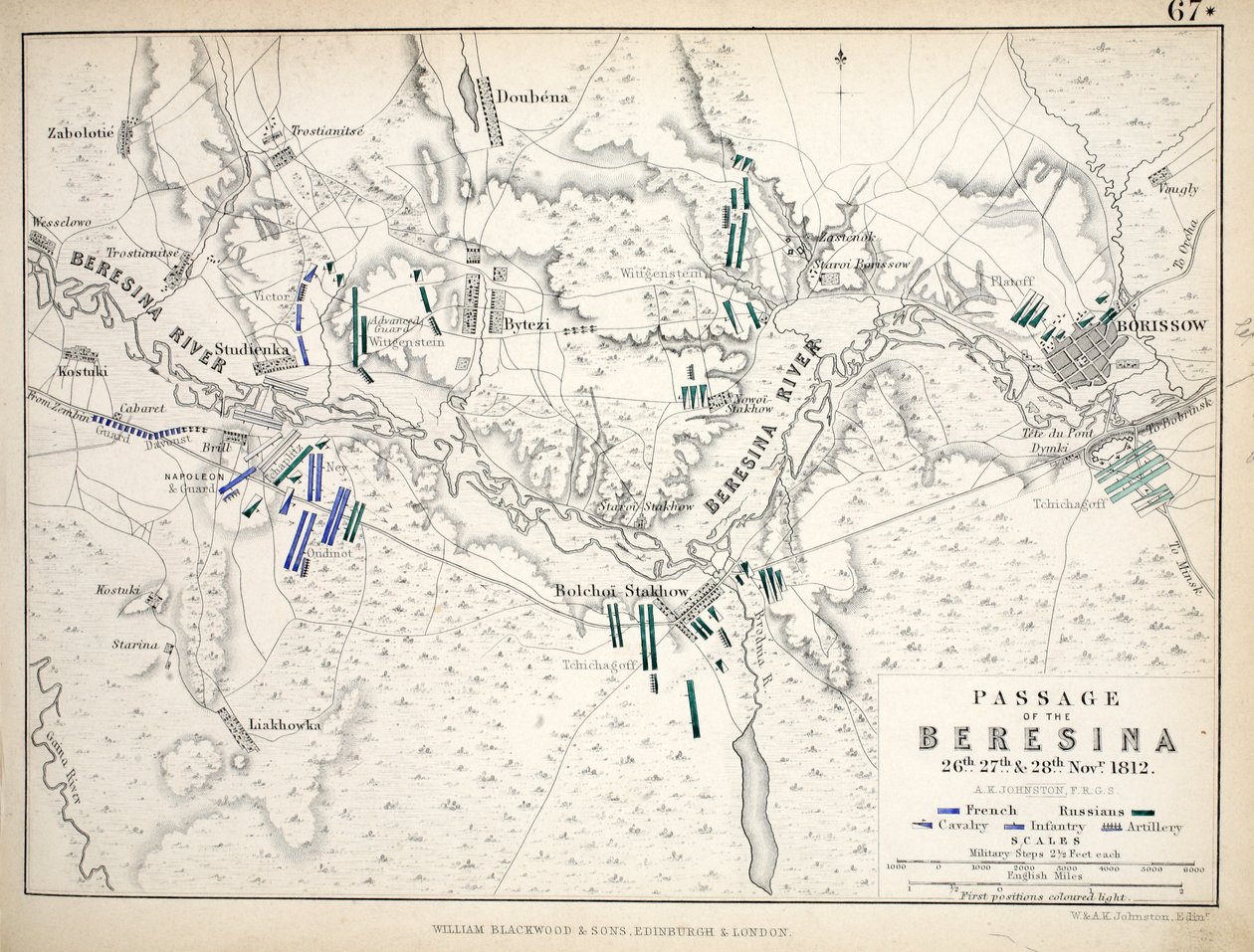Karte des Übergangs der Beresina, veröffentlicht von William Blackwood and Sons, Edinburgh und London, 1848 von Alexander Keith Johnston