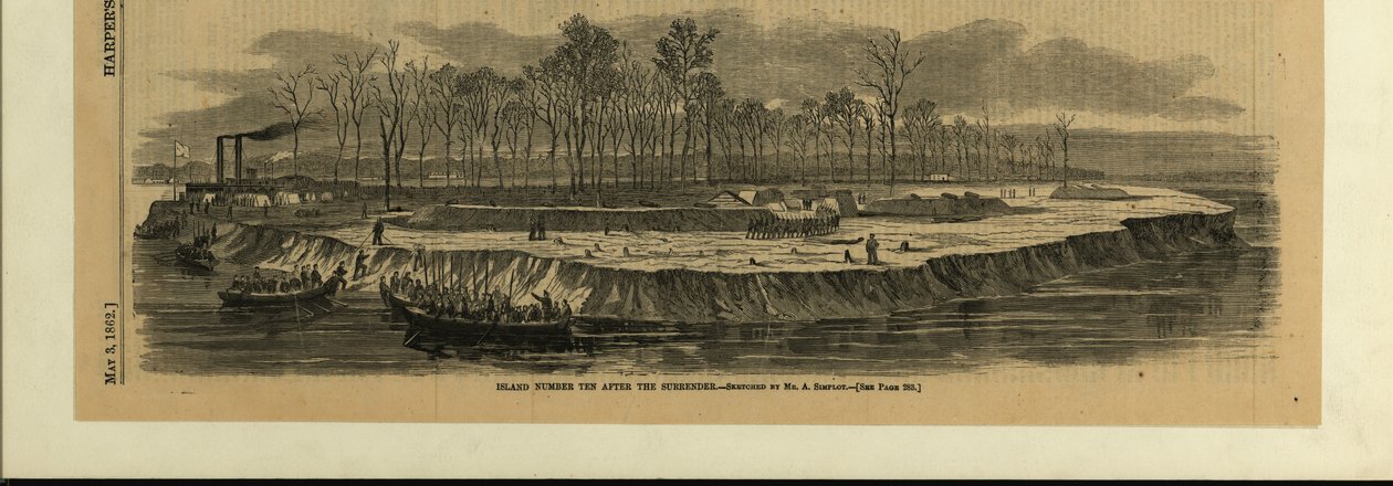 Druck von mehreren Ruderbooten voller Soldaten im Vordergrund, die auf einer Flussinsel landen. Erdwerke, Bäume und Truppenformation auf der Insel von Alexander Simplot