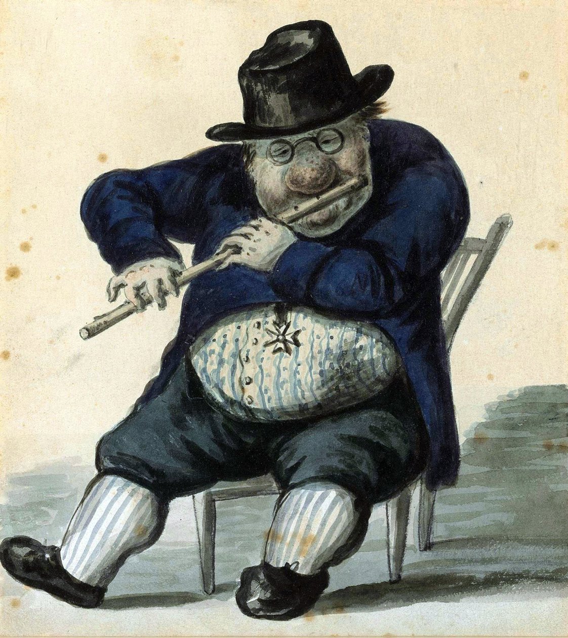 Karikaturporträt des Architekten Giacomo Quarenghi (1744-1817). Hauptarchitekt von Sankt Petersburg, dargestellt mit Brille, sitzend, Flöte spielend, mit Ehrenmedaille. von Alexander Orlowski