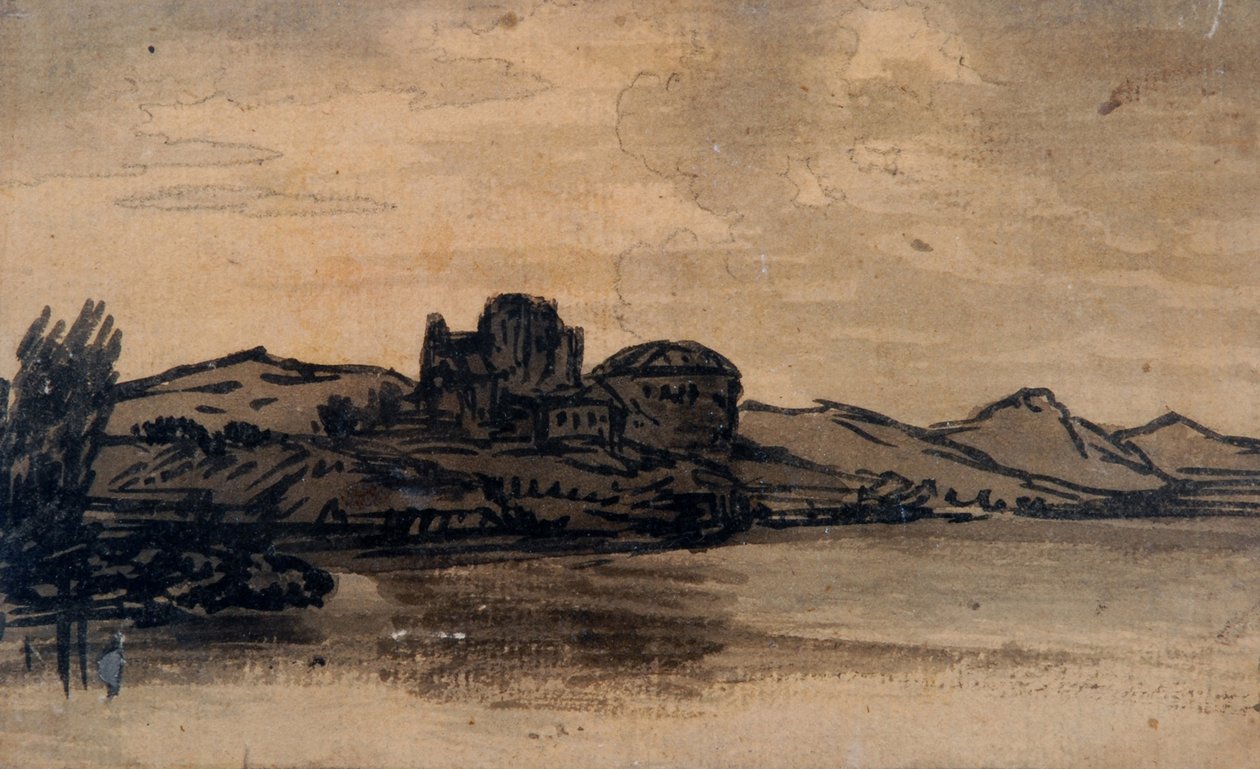 Italienische Landschaft mit Kuppelgebäude von Alexander Cozens