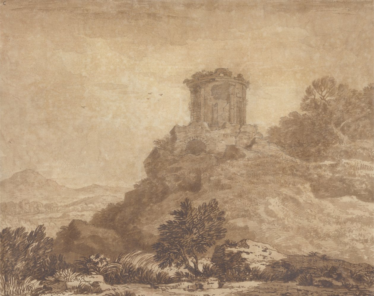 Landschaft mit einem zerstörten Tempel, ca. 1756 von Alexander Cozens
