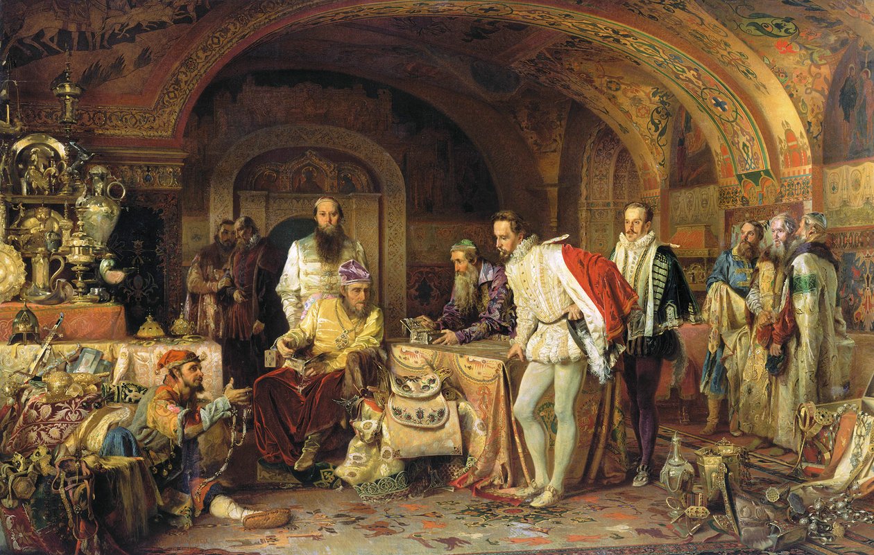 Iwan IV. von Russland zeigt dem Botschafter von Königin Elisabeth I. von England seine Schätze, 1875 von Alexander Dmitrievich Litovchenko