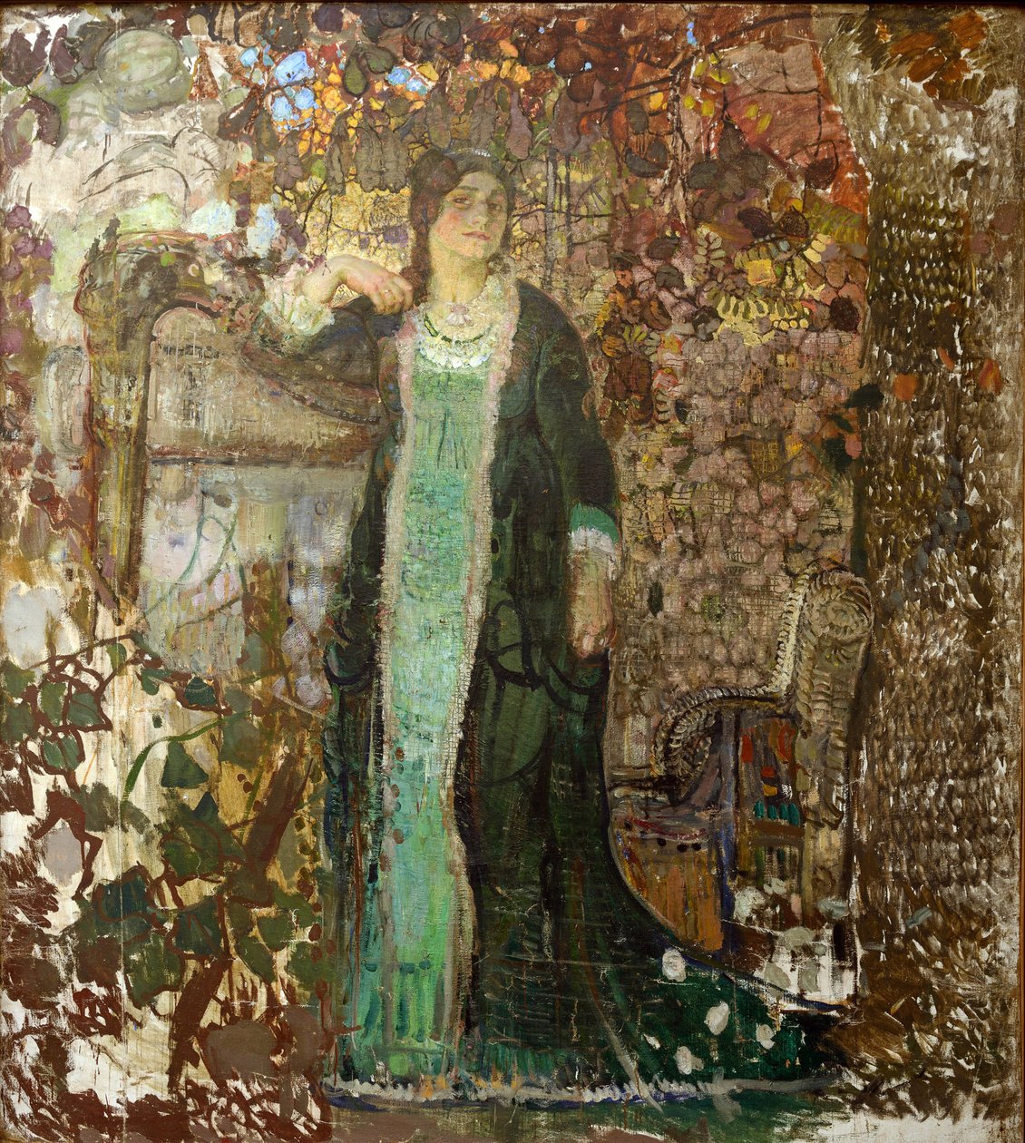 Harfenistin. Porträt von Tatiana Sergeevna Bartseva (1886-1984) von Alexander Ivanovich Savinov