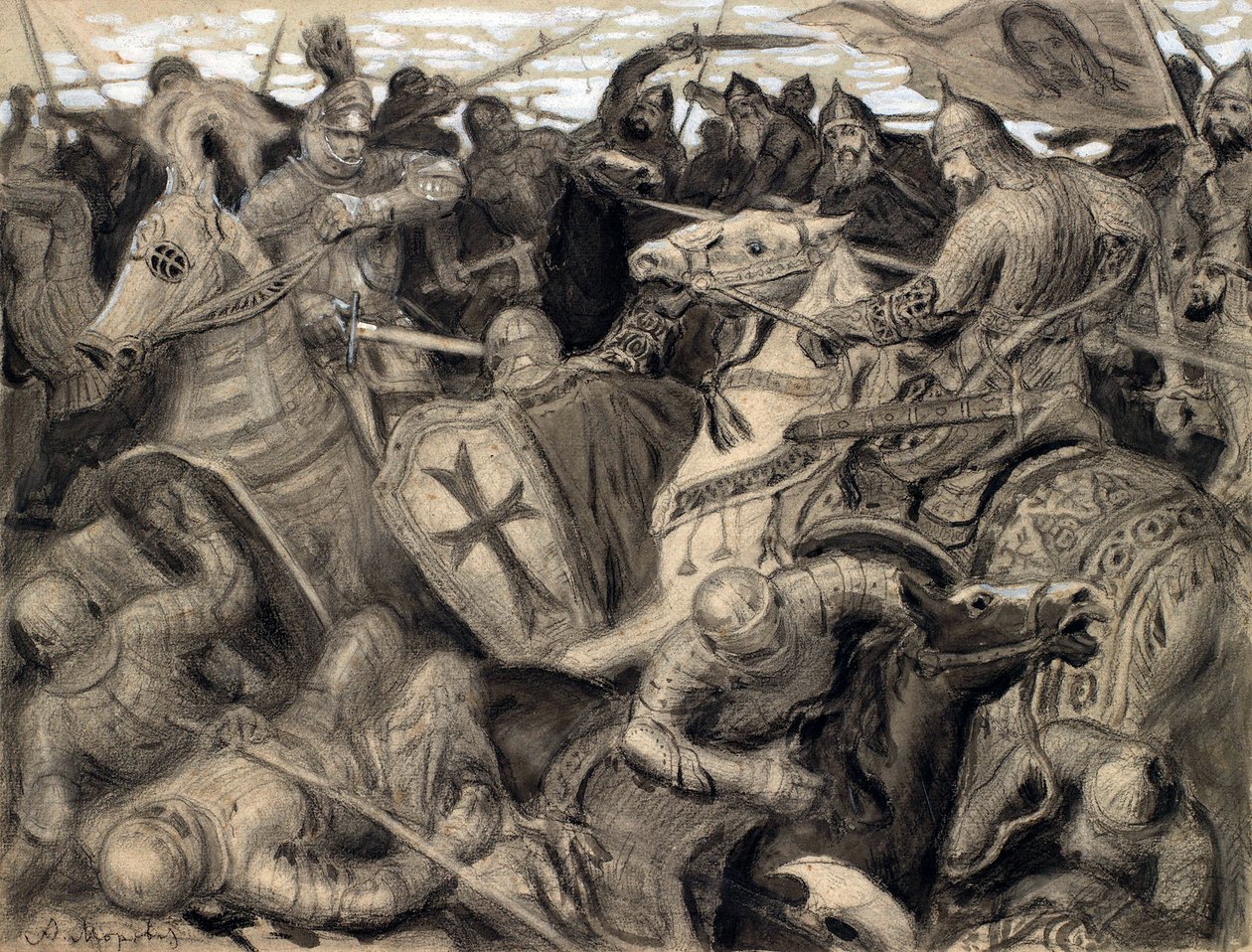"Alexander Nevsky" Schlachtszene zur Zeit von Alexander Nevsky (1220-1263), Herzog von Nowgorod - Pastell von Alexander Viktorovich Moravov (1878-1951) von Alexander Viktorovich Moravov