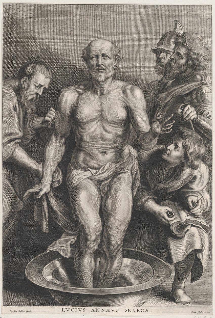 Der Tod des Seneca, stehend in der Mitte mit den Füßen in einem Wasserbecken, unterstützt..., ca. 1655-78 von Alexander Voet