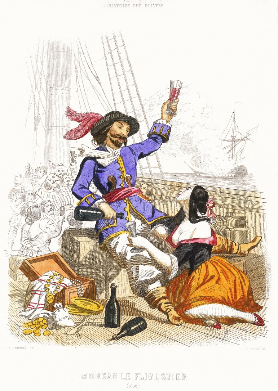 Kapitän Henry Morgan schwelgt mit Wein und Frauen, im wahren Piratenstil, Mitte des 19. Jahrhunderts von Alexandre (after) Debelle