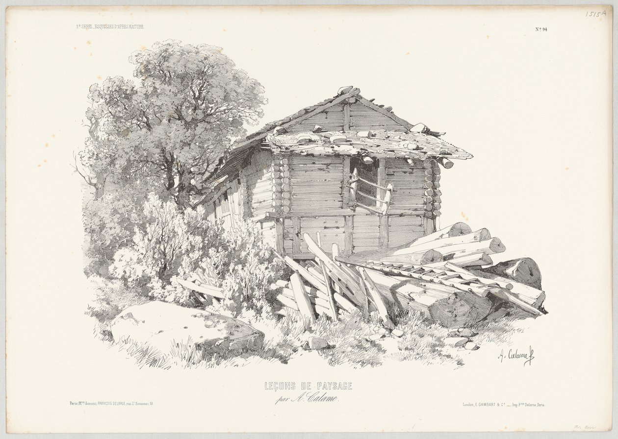 Blockhaus mit liegenden Baumstämmen im Vordergrund von Alexandre Calame