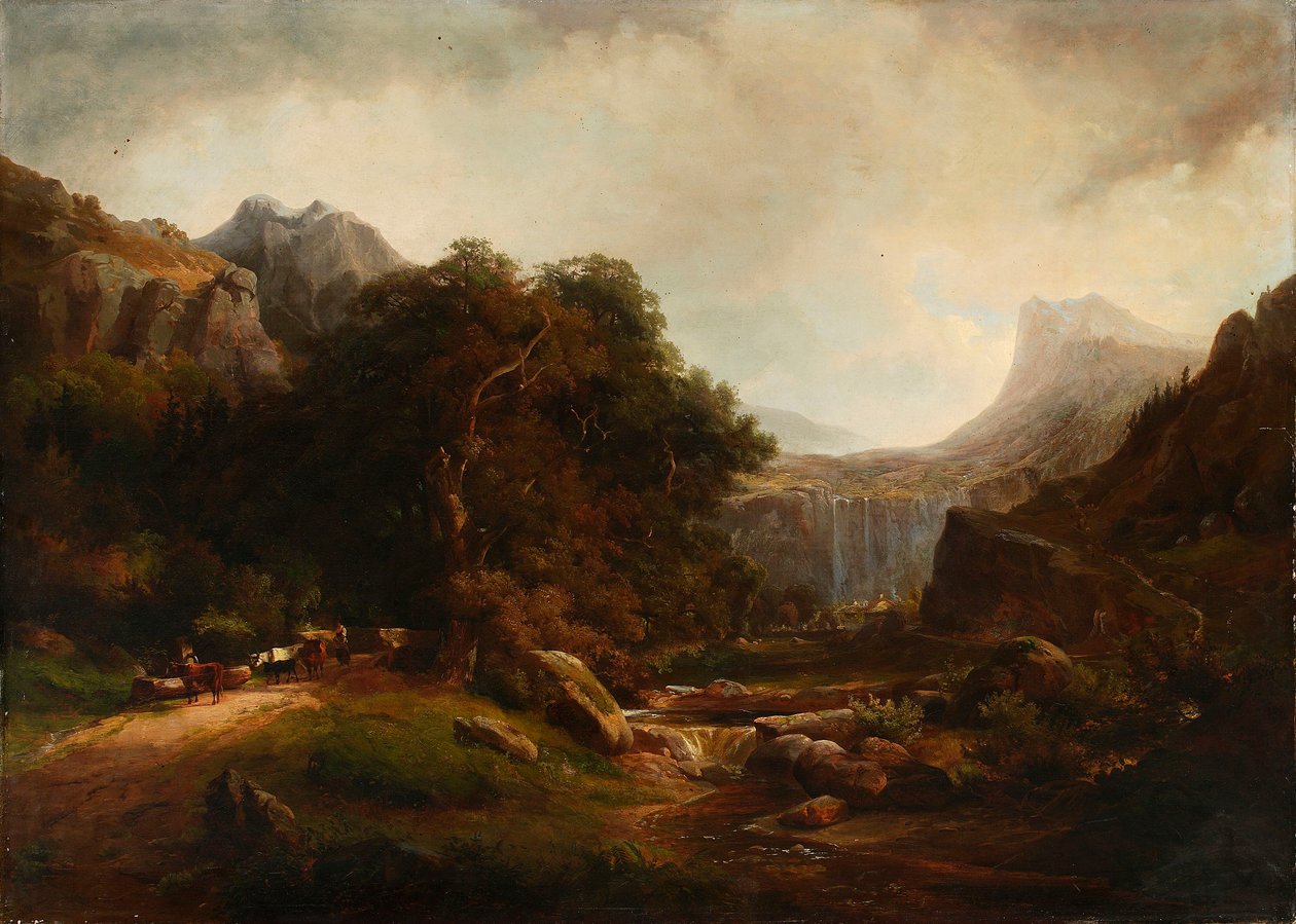 Berglandschaft mit Wasserfall von Alexandre Calame