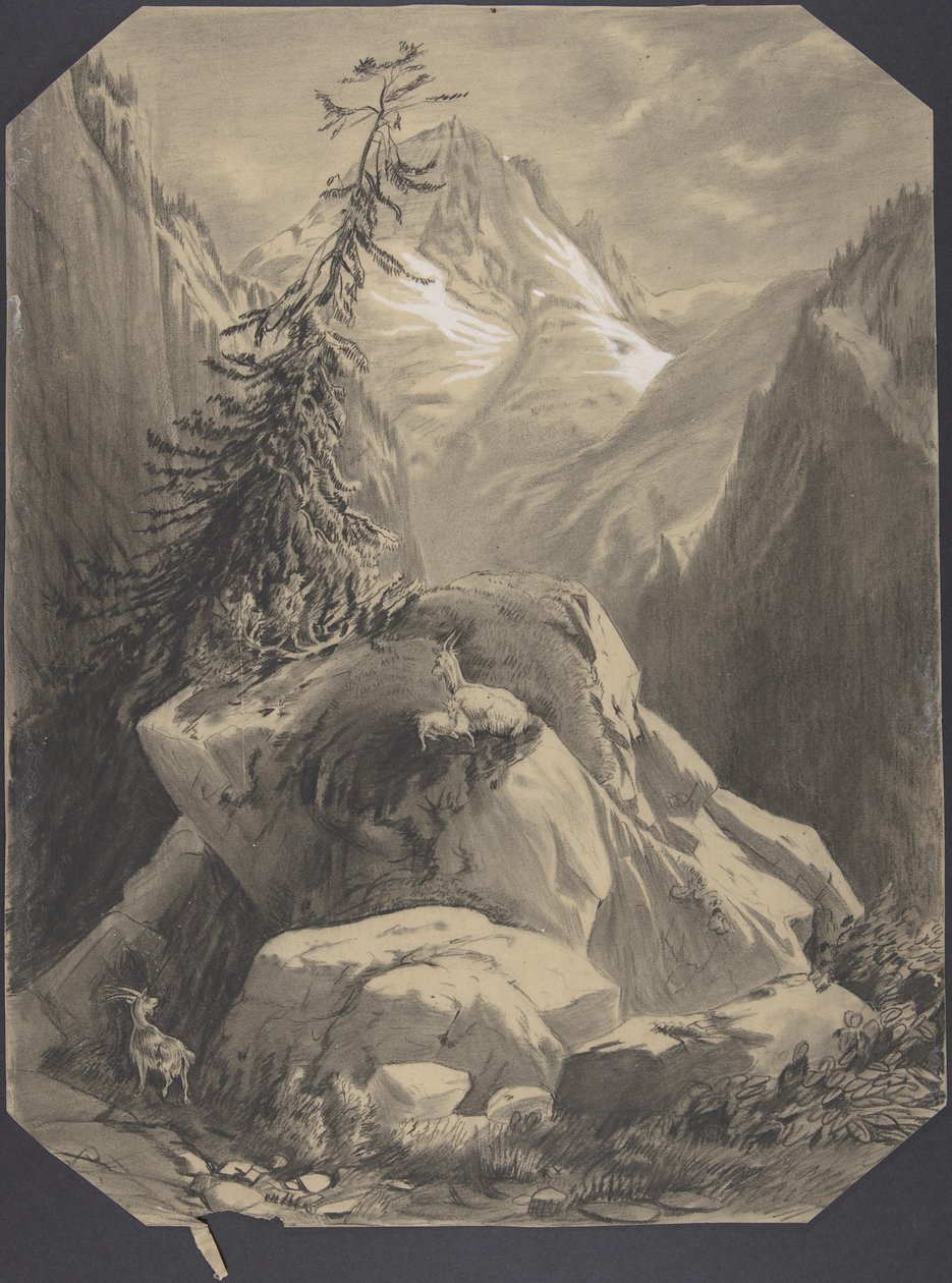 Drei Ziegen in einer Gebirgslandschaft von Alexandre Calame