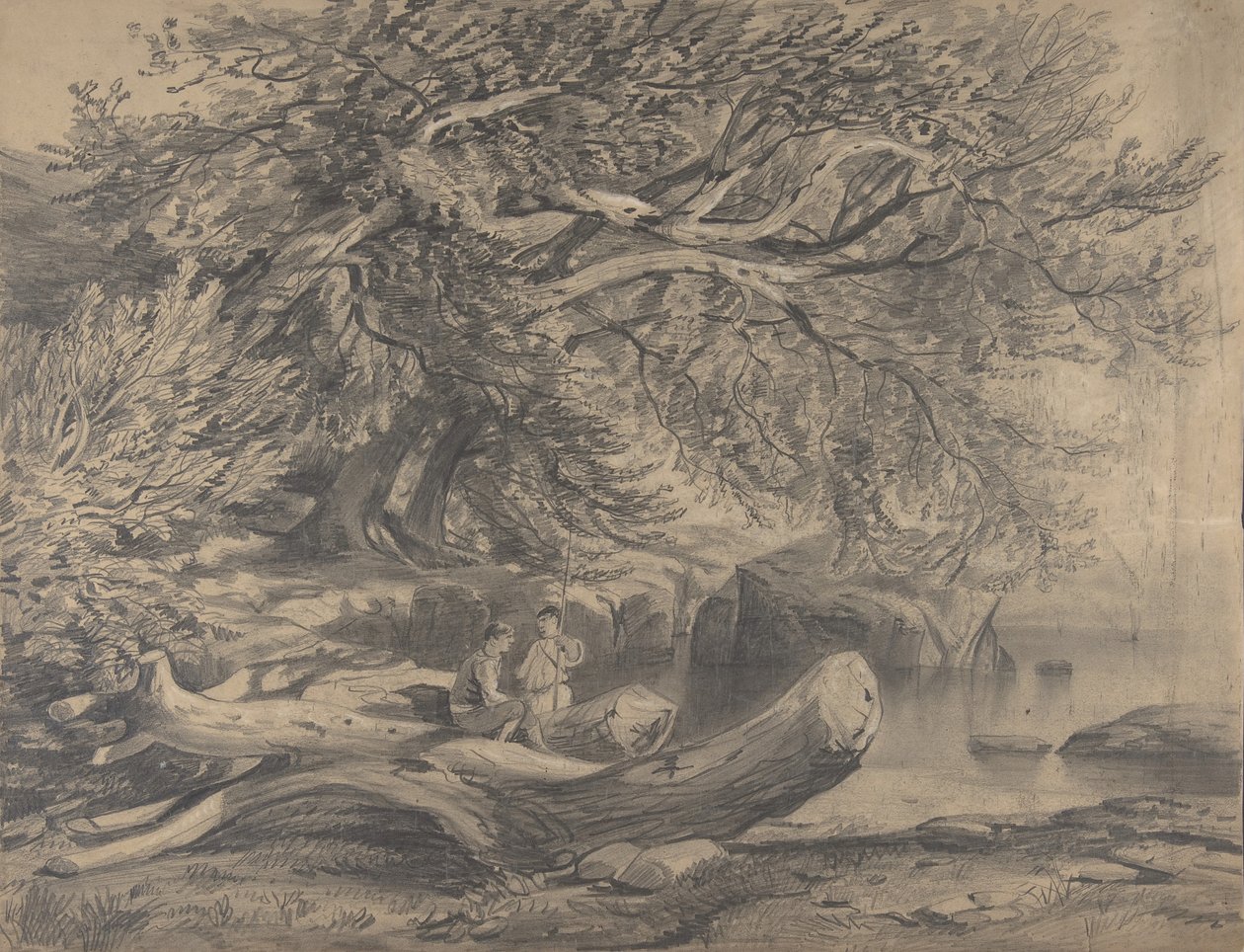 Zwei Männer ruhen sich an einem See aus recto..., frühes bis mittleres 19. Jahrhundert von Alexandre Calame