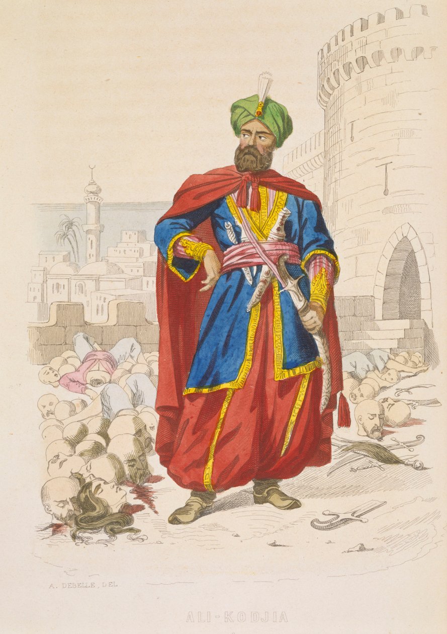 Ali Khoja, Herrscher von Algier 1816-1818, prächtig in einem grünen Turban und mit einem feinen Schwert, umgeben von den abgeschlagenen Köpfen besiegter Feinde nach der Bombardierung von 1816, Mitte 19. Jahrhundert von Alexandre Debelle
