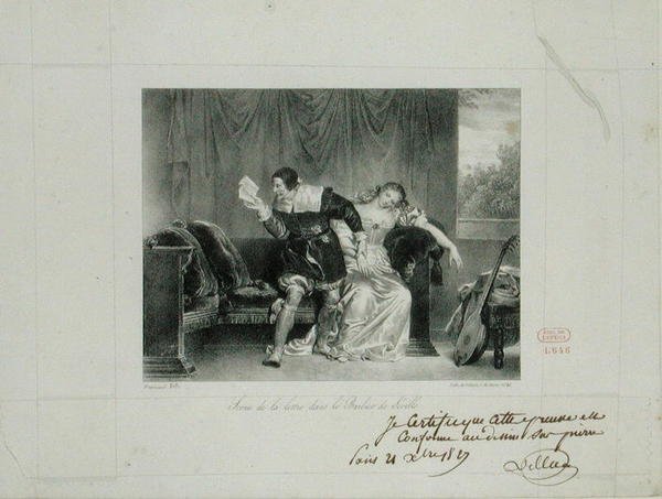 Die Briefszene aus der Oper Der Barbier von Sevilla von Rossini, graviert von Villain de Sevres von Alexandre Evariste Fragonard