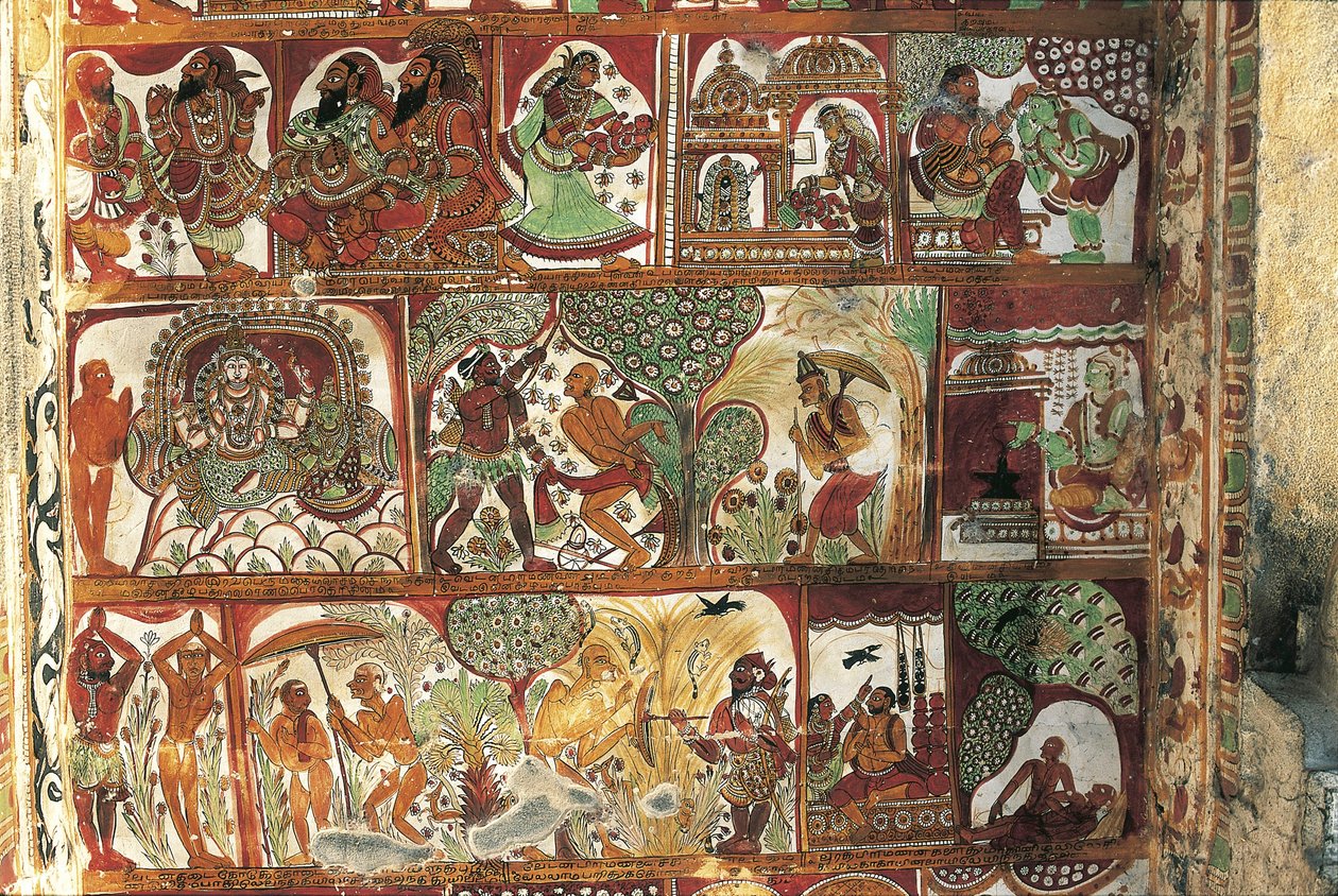 Fresken, die das Leben von Shiva darstellen, im Schrein für Parvati, Nataraya-Tempel, Chidambaram, Tamil Nadu, Indien, 5. Jahrhundert von Nicolas Toussaint Charlet
