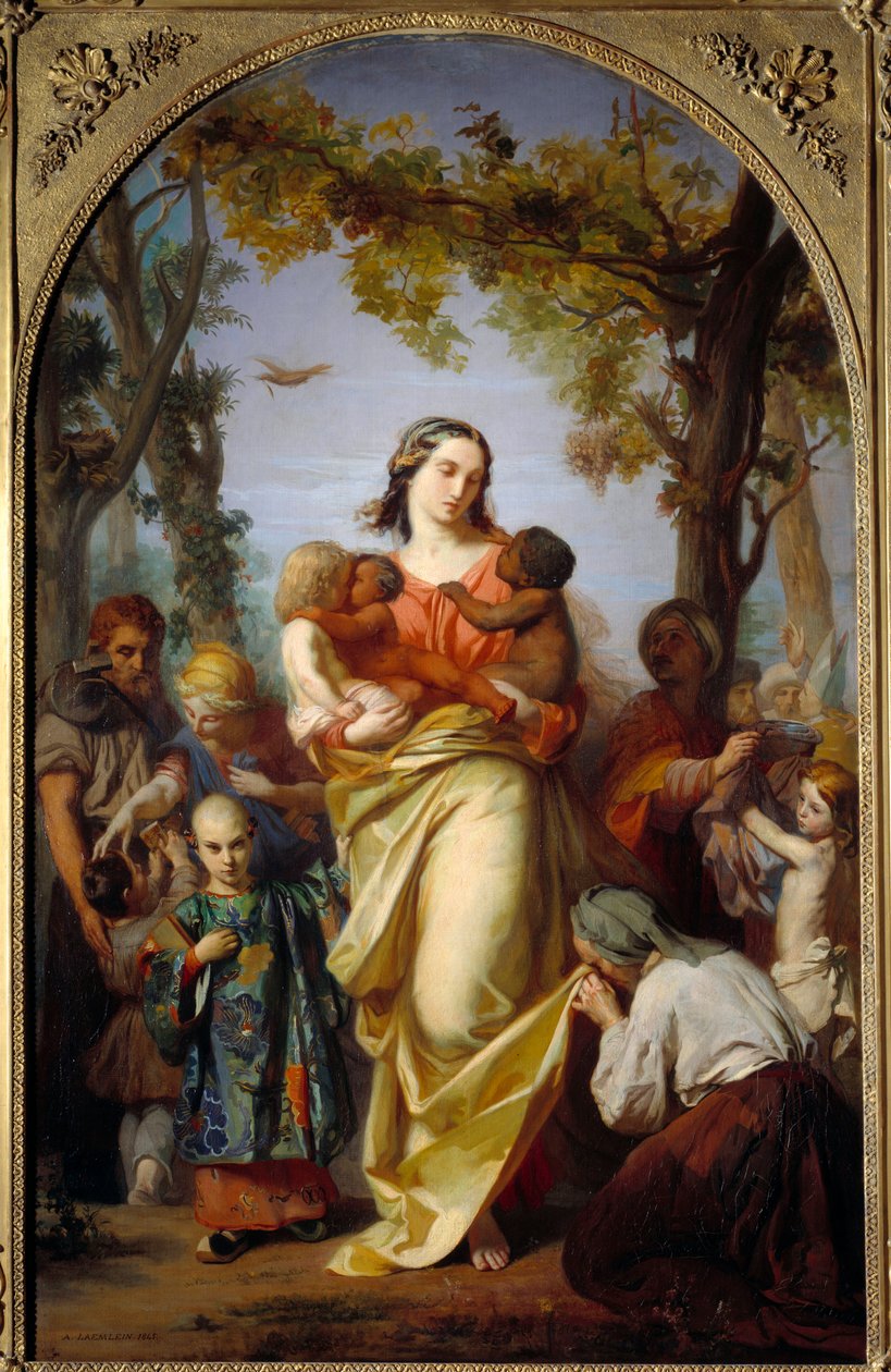 Universelle Nächstenliebe. Personifikation der Nächstenliebe, die die verschiedenen Völker der Welt in ihren Armen hält von Alexandre Laemlein